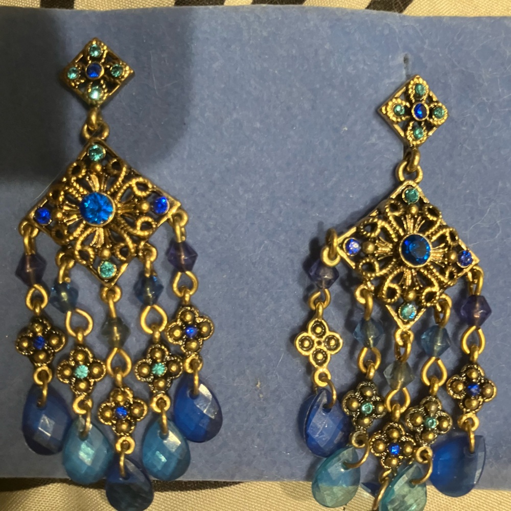 Elegant Blue and Faux Gold Chandelier Earrings Approx 2 1/3” in length